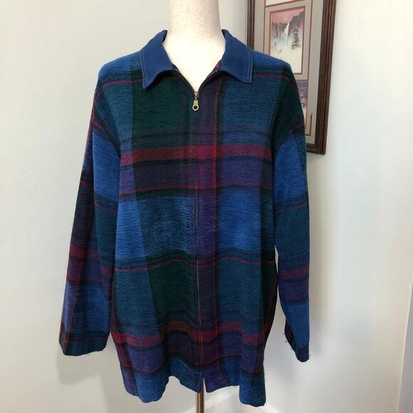 VTG 90s Koret City Blues Plaid Knit Zip Up Top Denim Collar Blue Green Red Large - Picture 1 of 8